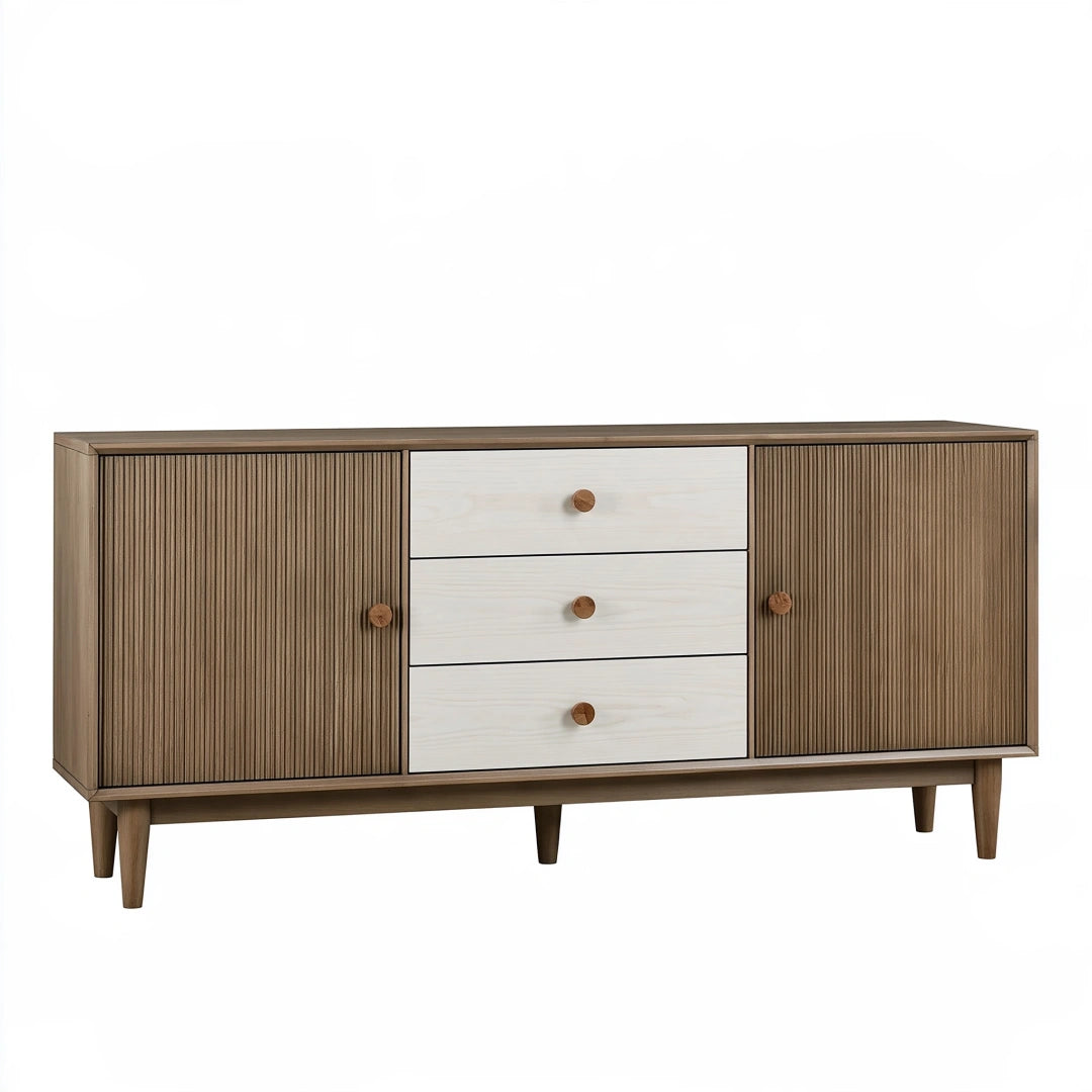 Buffet 180 cm en bois marron et blanc avec 3 tiroirs style scandinave