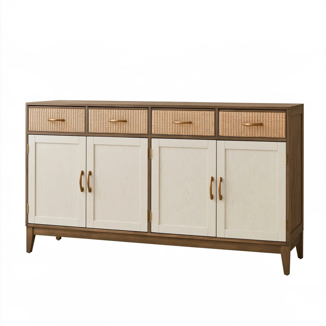 Buffet 160 x 40 x 85 cm en bois brun et blanc avec tiroirs en rotin style naturel