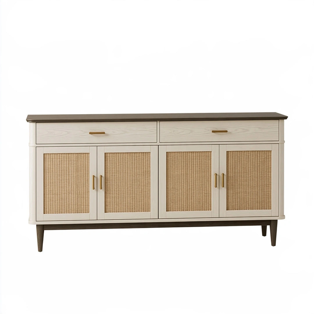 Buffet 160 cm en bois beige et marron avec portes en rotin style rétro
