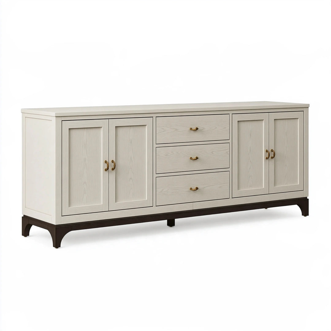 Buffet 180 x 45 x 85 cm en bois beige avec 4 portes et 3 tiroirs style classique