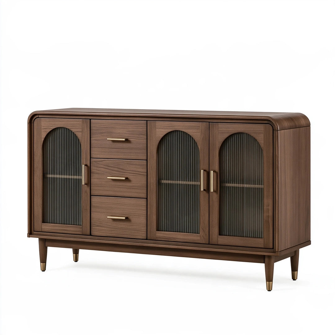 Buffet 160 x 45 x 90 cm en panneaux aspect noyer brun avec verre strié style rétro