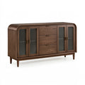 Buffet 160 cm en panneaux finition noyer brun avec verre strié et 3 tiroirs style contemporain