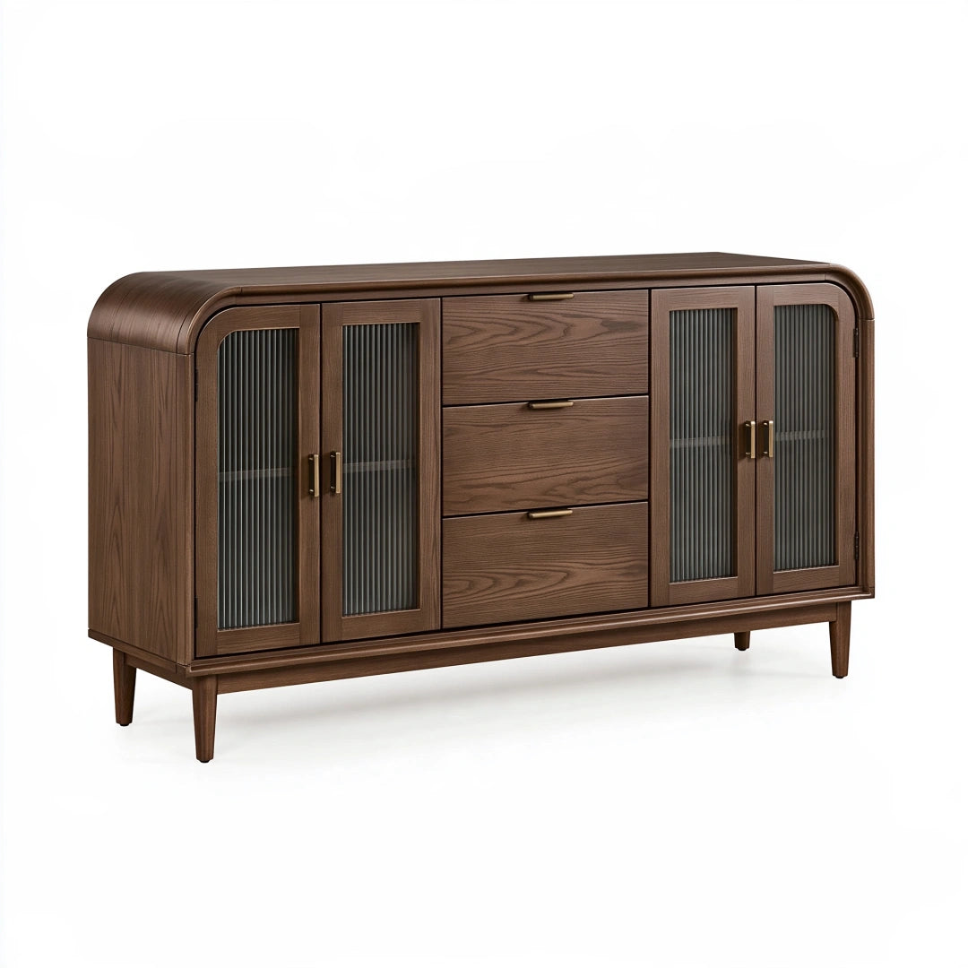 Buffet 160 cm en panneaux finition noyer brun avec verre strié et 3 tiroirs style contemporain