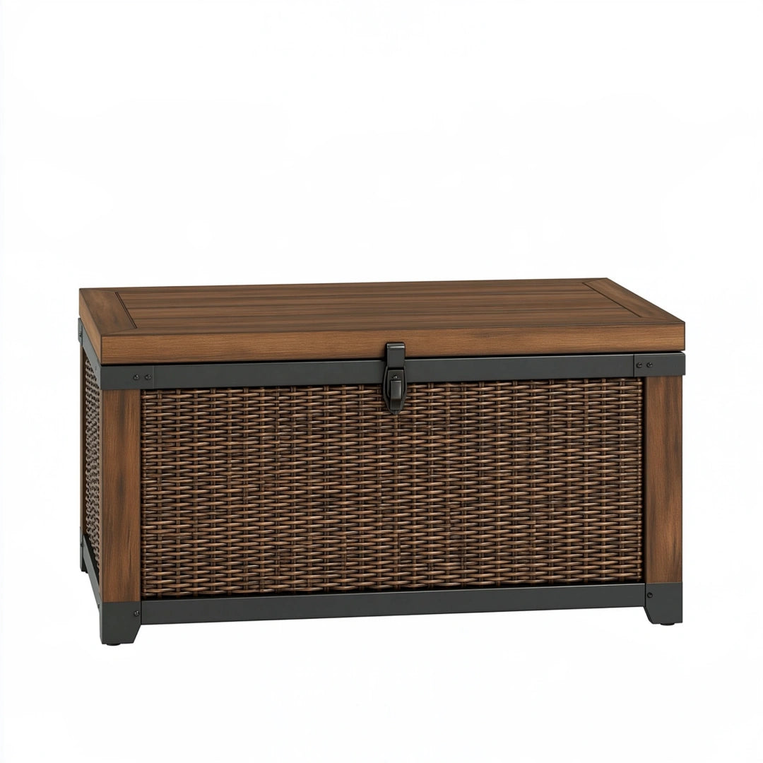 Coffre de rangement extérieur 120 x 60 x 65 cm en résine tressée marron et métal noir avec couvercle
