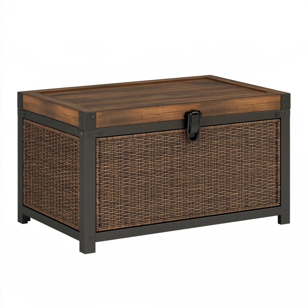 Coffre de rangement 100 x 50 x 55 cm en bois tressage marron et métal noir - style industriel