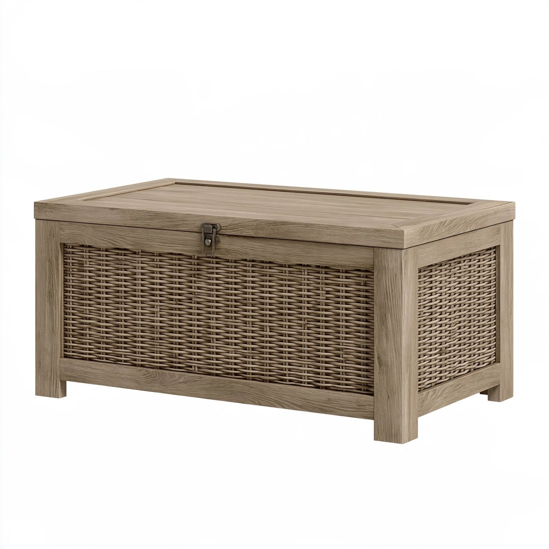 Coffre de rangement 100 x 50 x 55 cm bois et rotin beige style rustique