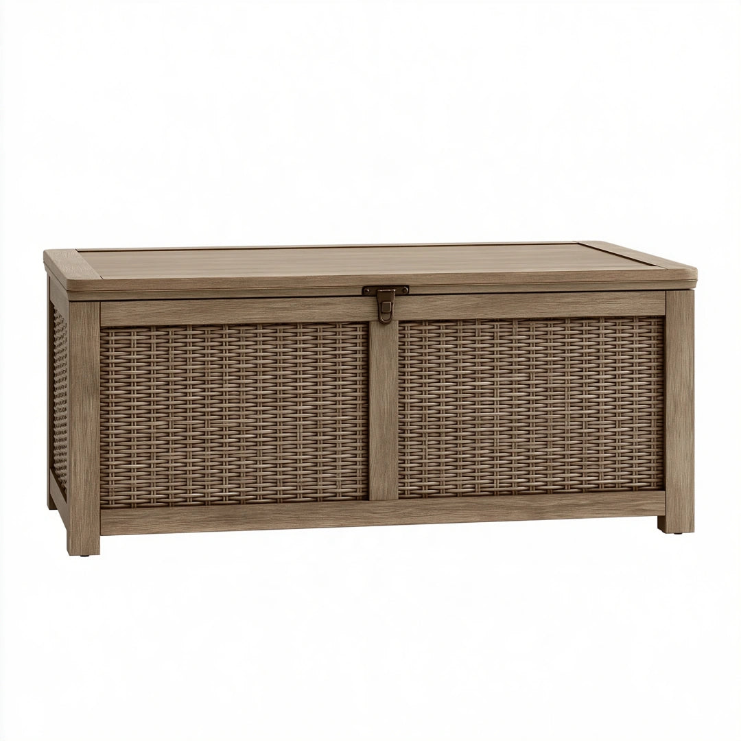 Coffre de rangement 120 x 55 x 60 cm en résine tressée taupe - extérieur avec couvercle