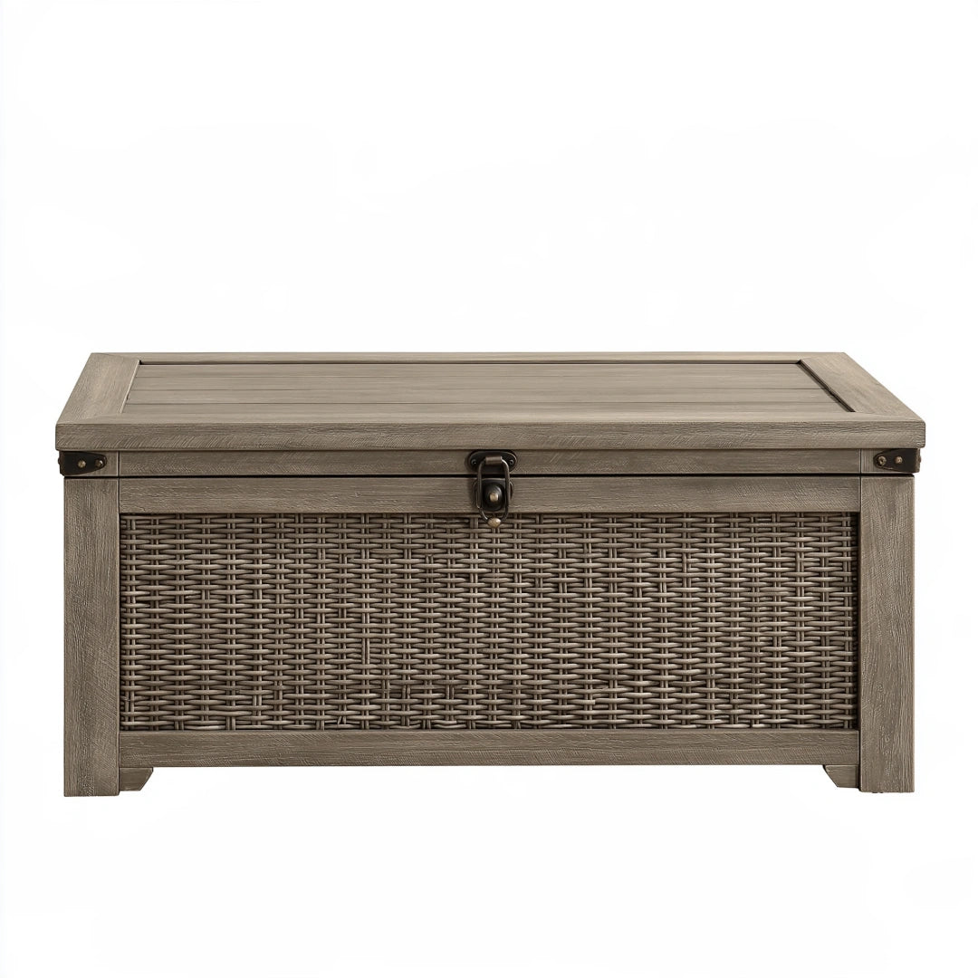 Coffre de rangement extérieur 120 x 60 x 60 cm bois et résine tressée gris brun avec couvercle