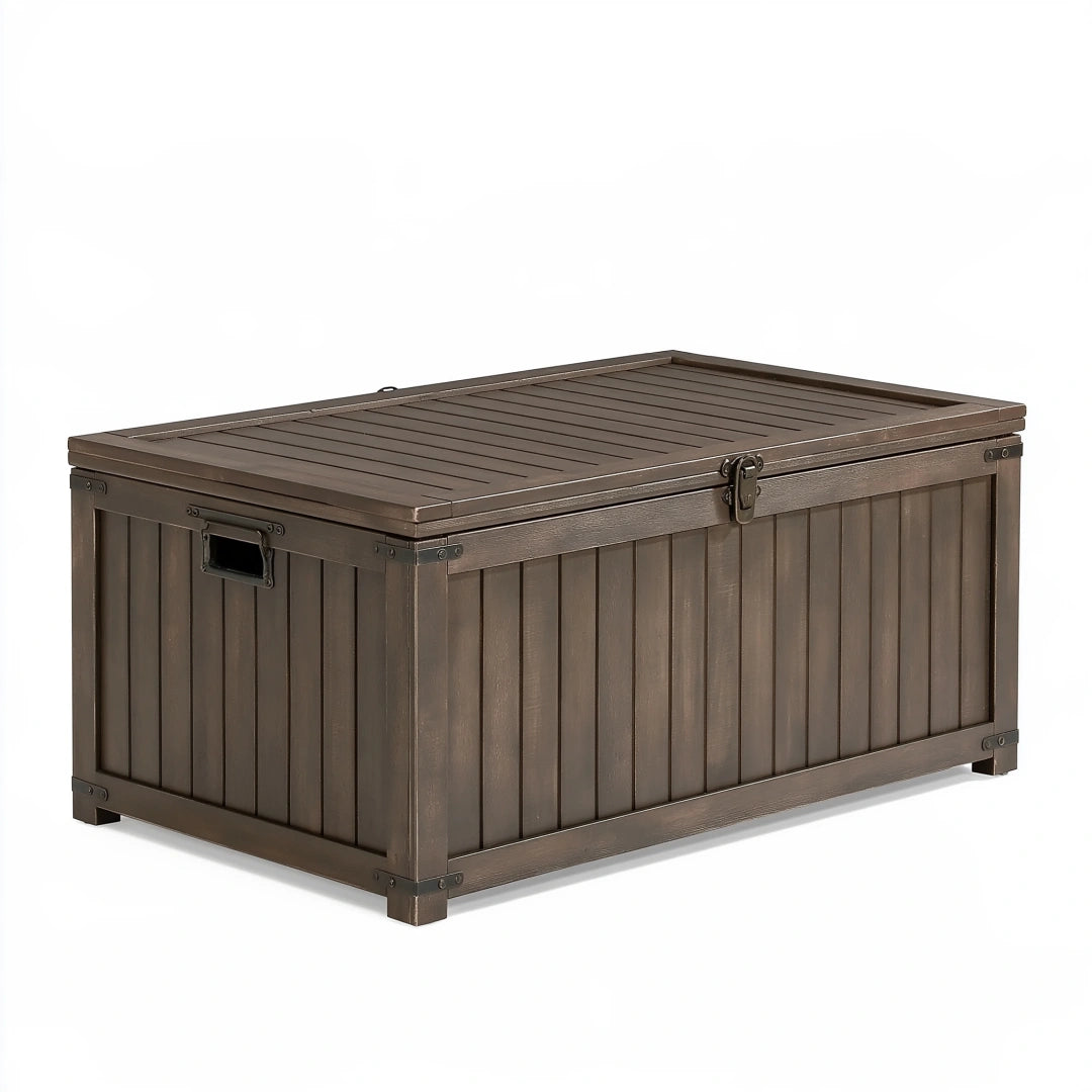 Coffre de rangement extérieur 120 x 60 x 60 cm en bois marron avec couvercle