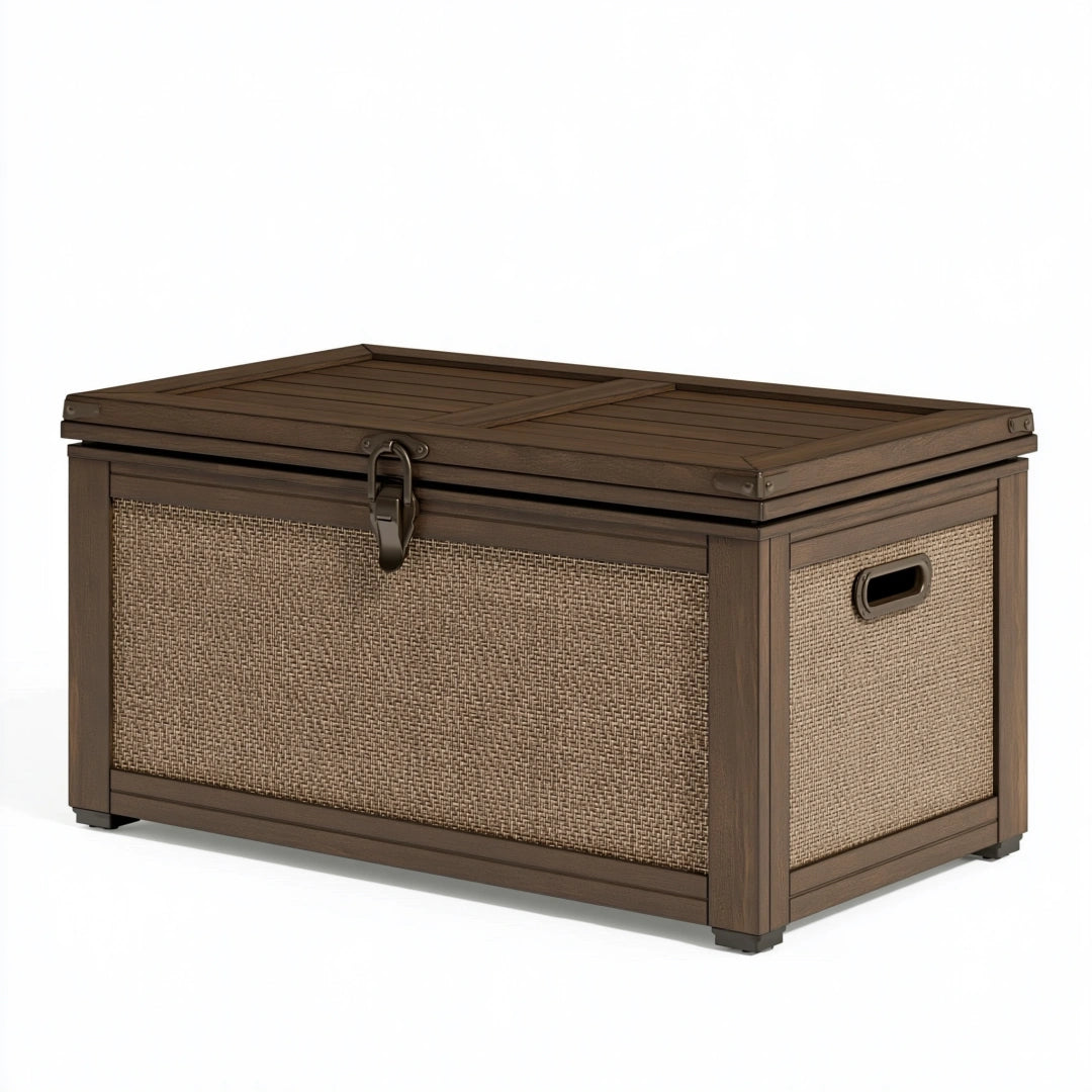 Coffre de rangement extérieur 120 x 60 x 60 cm brun aspect bois et résine tressée à couvercle