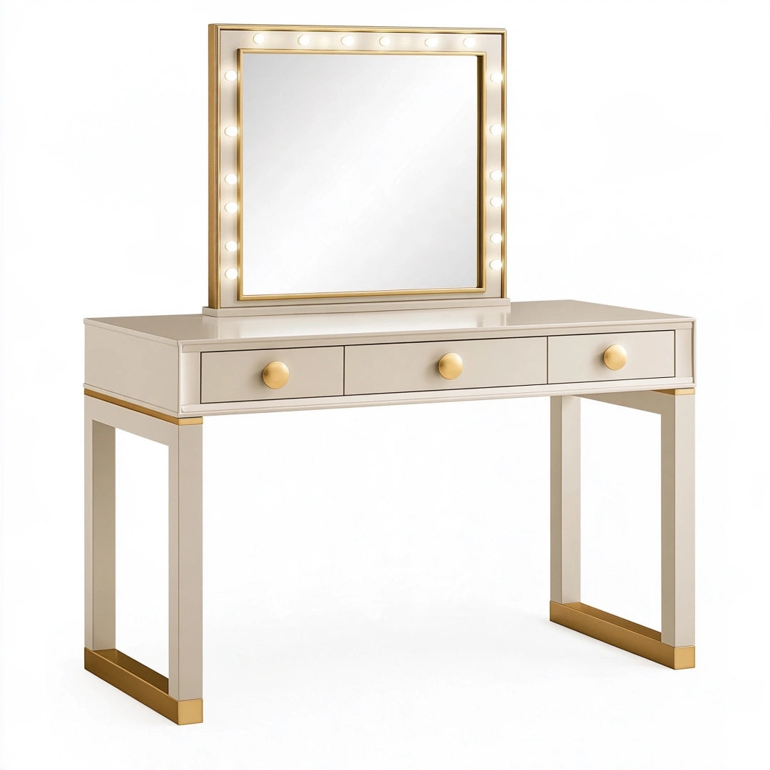 Coiffeuse 100 x 45 x 140 cm en bois blanche et dorée avec miroir lumineux et 3 tiroirs style moderne