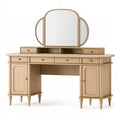 Coiffeuse 140 x 45 x 150 cm en bois beige avec miroir et rangements style vintage
