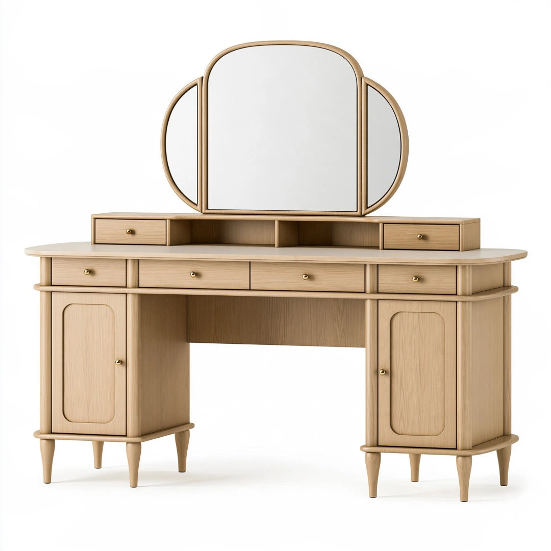 Coiffeuse 140 x 45 x 150 cm en bois beige avec miroir et rangements style vintage