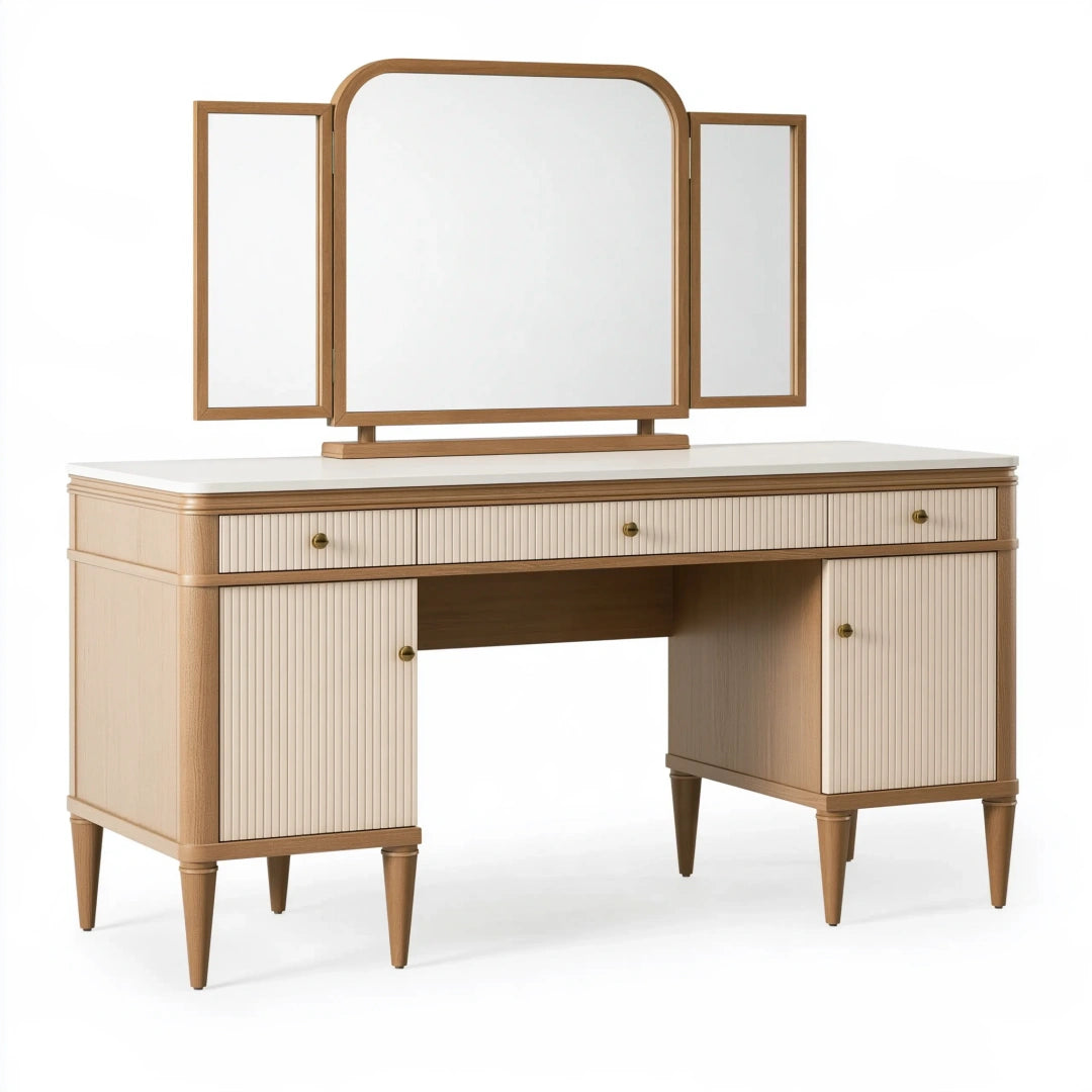 Coiffeuse 120 cm en bois beige avec miroir triptyque et rangements style rétro