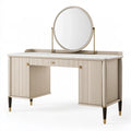 Coiffeuse 120 x 50 x 145 cm en bois beige clair avec miroir rond style contemporain