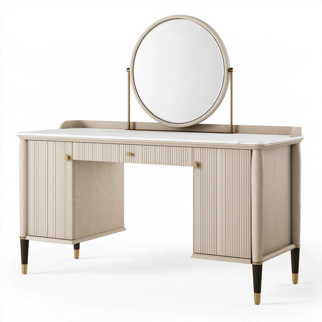 Coiffeuse 120 x 50 x 145 cm en bois beige clair avec miroir rond style contemporain