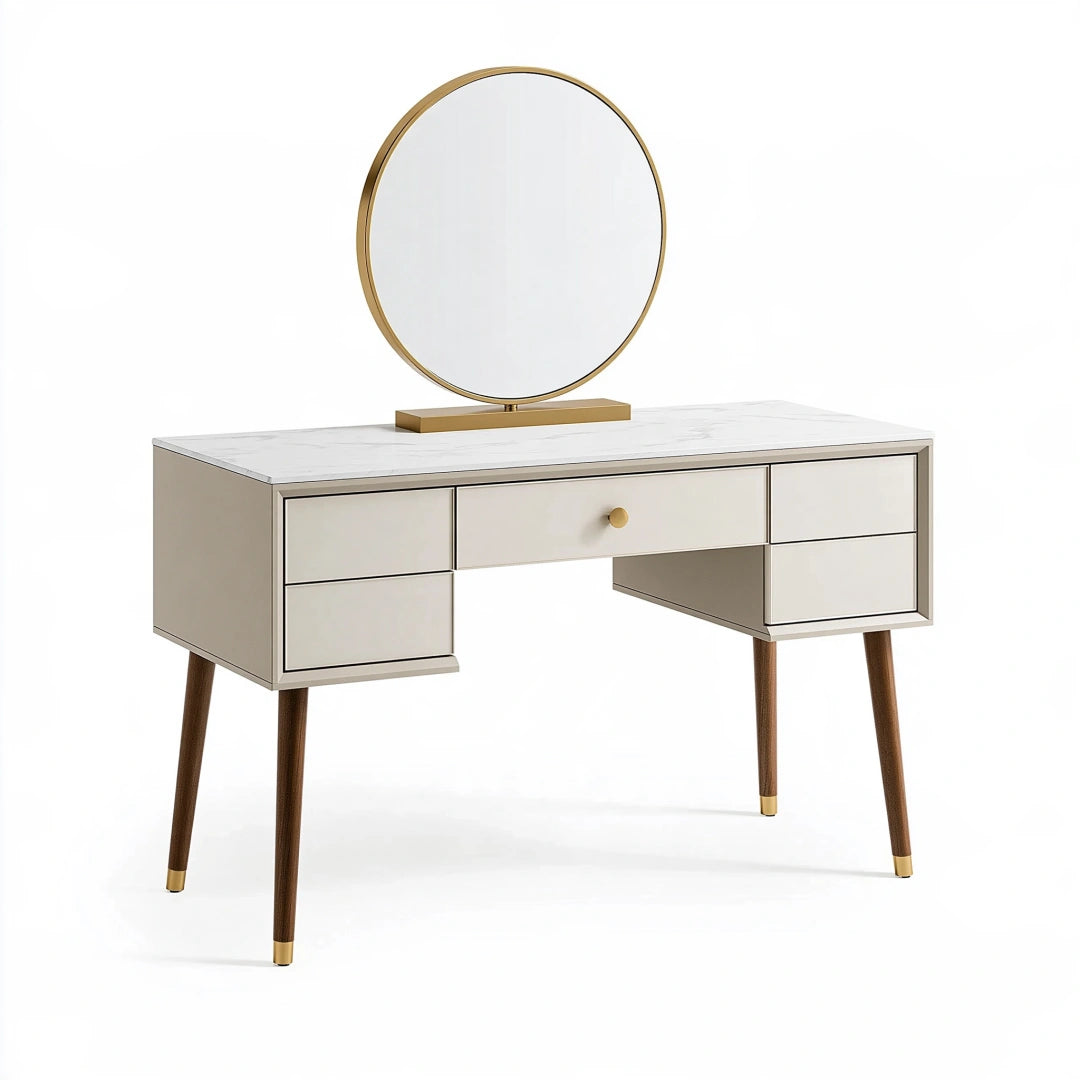Coiffeuse 120 x 50 x 145 cm blanche effet marbre avec miroir et tiroirs style moderne