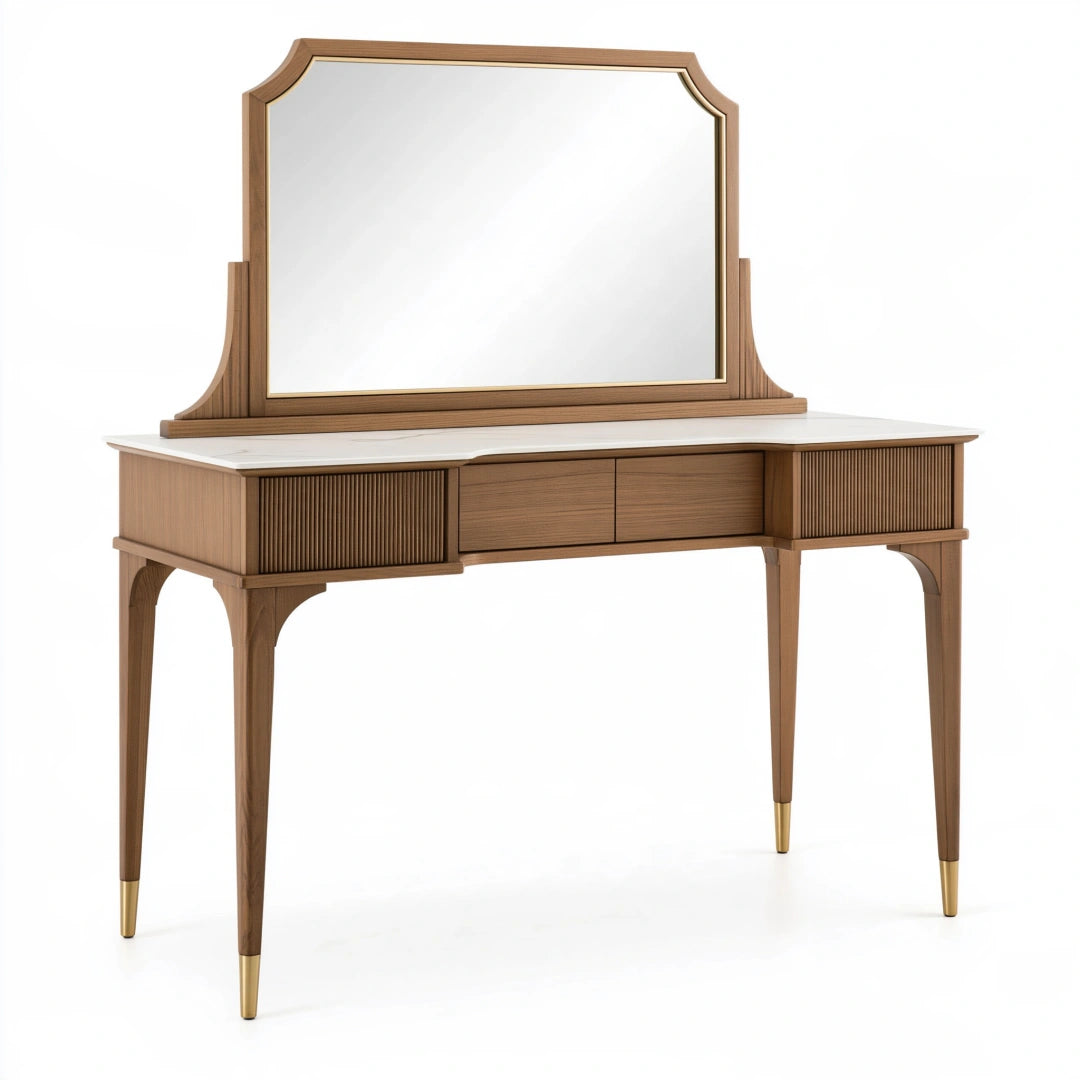 Coiffeuse 120 x 50 x 150 cm en bois marron avec miroir et tiroirs style classique