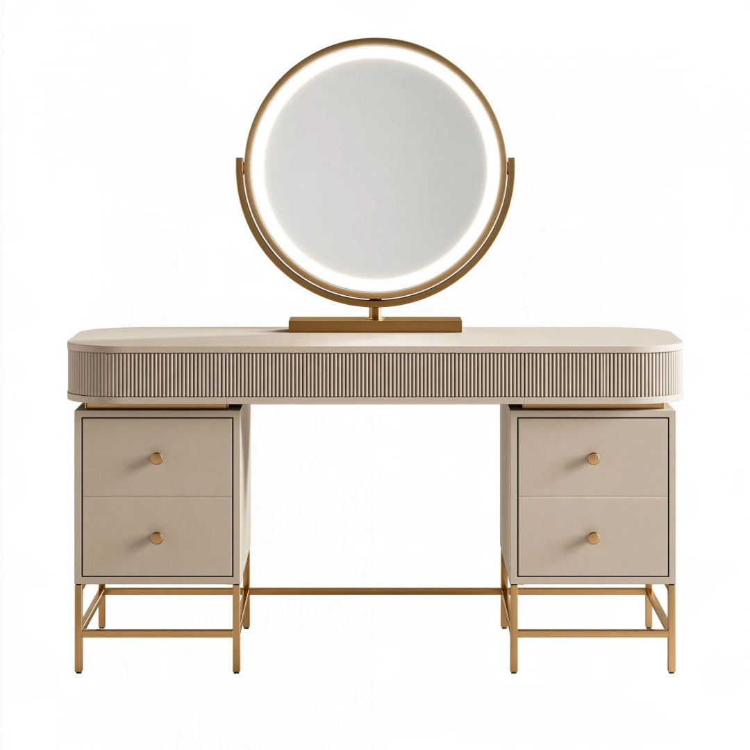 Coiffeuse 120 x 45 x 145 cm beige et doré en panneaux de bois et métal avec miroir éclairé style contemporain