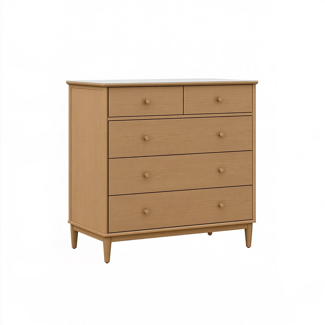 Commode 100 x 45 x 110 cm en bois finition chêne clair - rangement à 5 tiroirs style scandinave