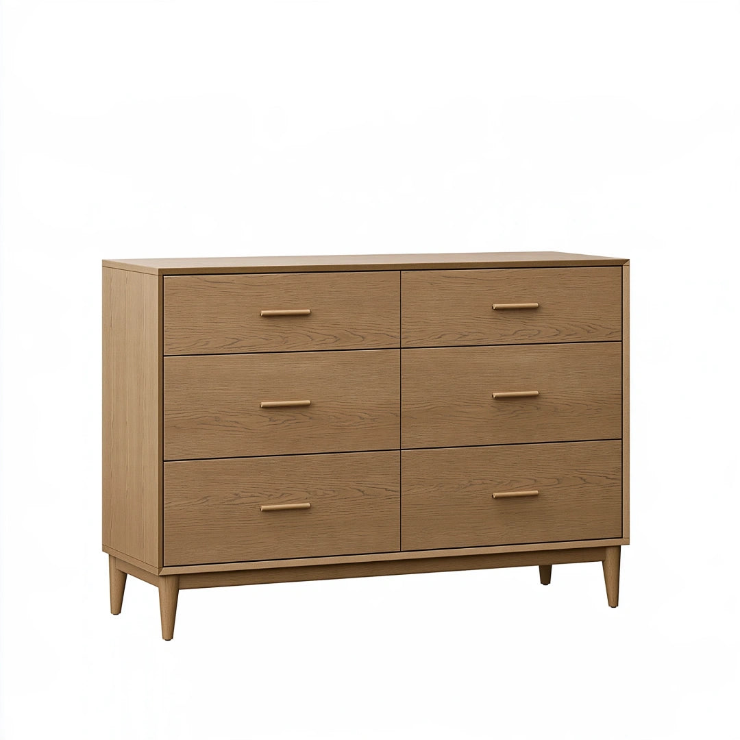 Commode 140 x 45 x 90 cm en bois brun clair à 6 tiroirs style scandinave